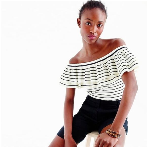NWOT J. Crew Selena Navy Striped Off The Shoulder Ruffled Sweater Top S - Picture 3 of 9